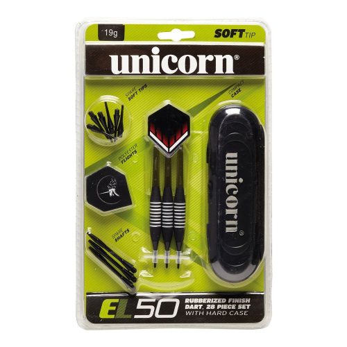 Unicorn EL50 17 gr. súlyú dartsnyíl szett gumírozott  bevonatú fogórésszel , keményfalú tárolódobozzal, csere tollakkal, 6 db/szett soft heggyel