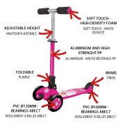 Nextreme Princess összecsukható 3 kerekű lányka fuchsia színű fékezhető alu roller ,120 mm pvc első dupla kerék, abec 7 csapágyazás