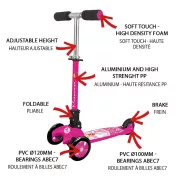 Nextreme Princess összecsukható 3 kerekű lányka fuchsia színű fékezhető alu roller ,120 mm pvc első dupla kerék, abec 7 csapágyazás