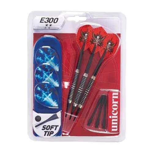 Unicorn E300 18 gr. súlyú dartsnyíl szett nikkel bevonatos fogórésszel , tárolódobozzal, csere tollakkal 3 db/szett soft heggyel