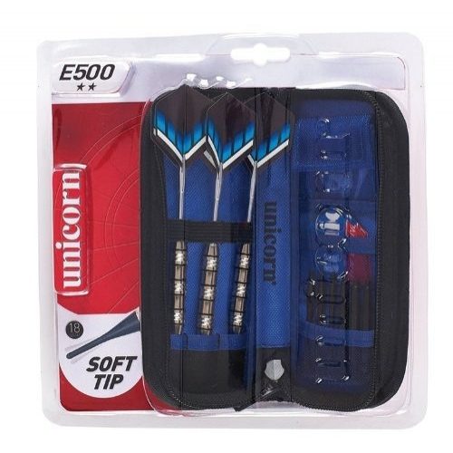 Unicorn E500 18 gr. súlyú kétcsillagos  dartsnyíl szett nikkel bevonatos fogó résszel , cipzáros tárolótokkal, csere tollakkal 3 db/szett soft heggyel, különböző shaftokkal