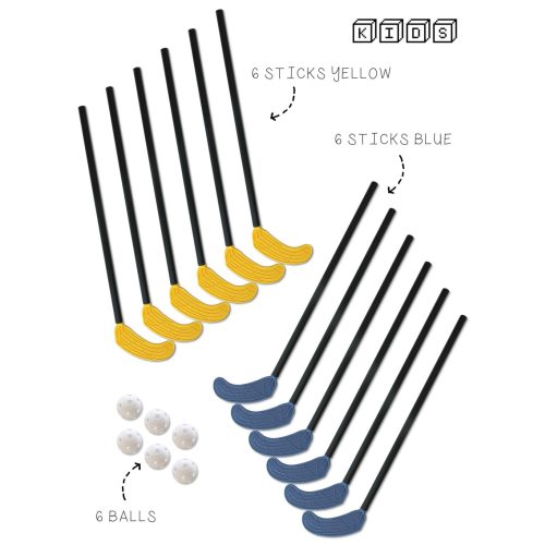 Floorball szett gyerekeknek (svéd iskolai/óvodai 18 részes Mini Kid szett 65/75 cm nyéllel 12 db ütő 6 db labdával, gyephoki)