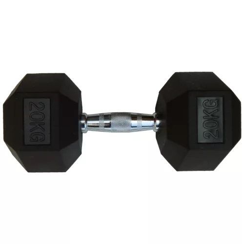 Capetan® Professional Line | Kézisúlyzó (20kg, egykezes edzőtermi gumírozott kézi súlyzó gumírozott fejvégekkel,chromozott markolattal, hexagon gumírozott kézisúlyzó)