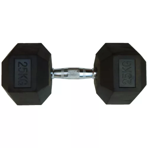 Capetan® Professional Line | Kézisúlyzó (25kg, egykezes edzőtermi gumírozott kézi súlyzó gumírozott fejvégekkel,chromozott markolattal, hexagon gumírozott kézisúlyzó)